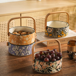 轻奢复古感客厅果盘零食干果陶瓷收纳篮家用手提果篮藤编水果篮