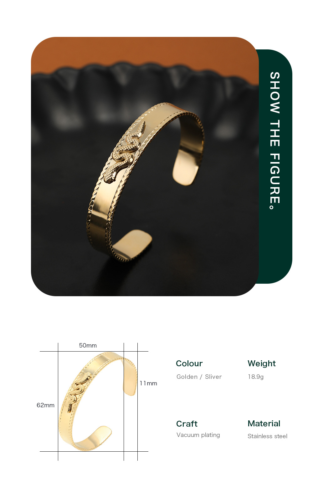 Real Gold Plated Plating Material Bangle Classification Vacuum Plating Real Gold Plated Snake 304 Stainless Steel Fashion Waterproof Non Tarnish Bangle