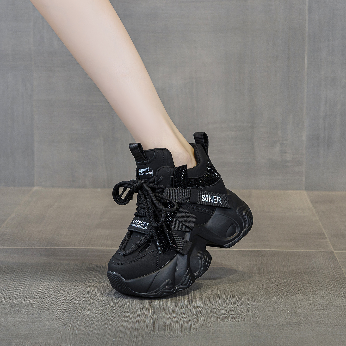 Giày sneaker nữ chunky đế dày tăng chiều cao 8cm, đính đá pha lê, dây buộc thời trang — M2991 lót đơn màu đen, M2991-1 plus nhung nâu, M2991 lót đơn màu xám, M2991-1 plus nhung xám