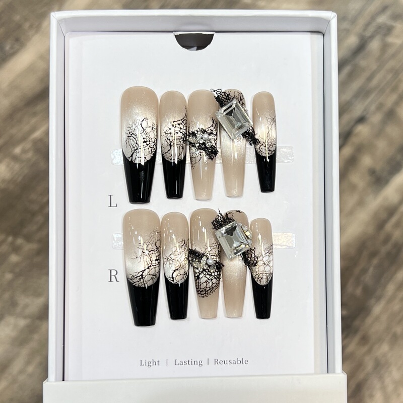 Dai Risen [Mystery Veil] Wearable Nails Purely Handmade Black French Glass Cat Eye Nail Art Stickers Lace Nails