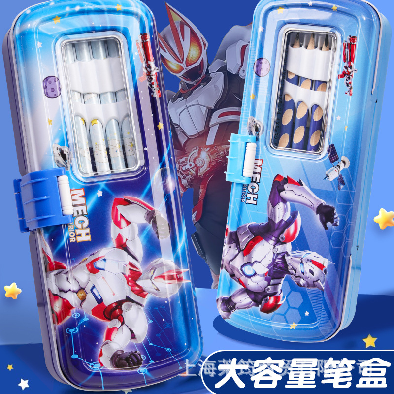 Estudiantes de primaria masculinos de tres capas caja de papelería de hierro caja de lápiz de estaño creativa caja de dibujos animados robot multiplicación caja de lápiz