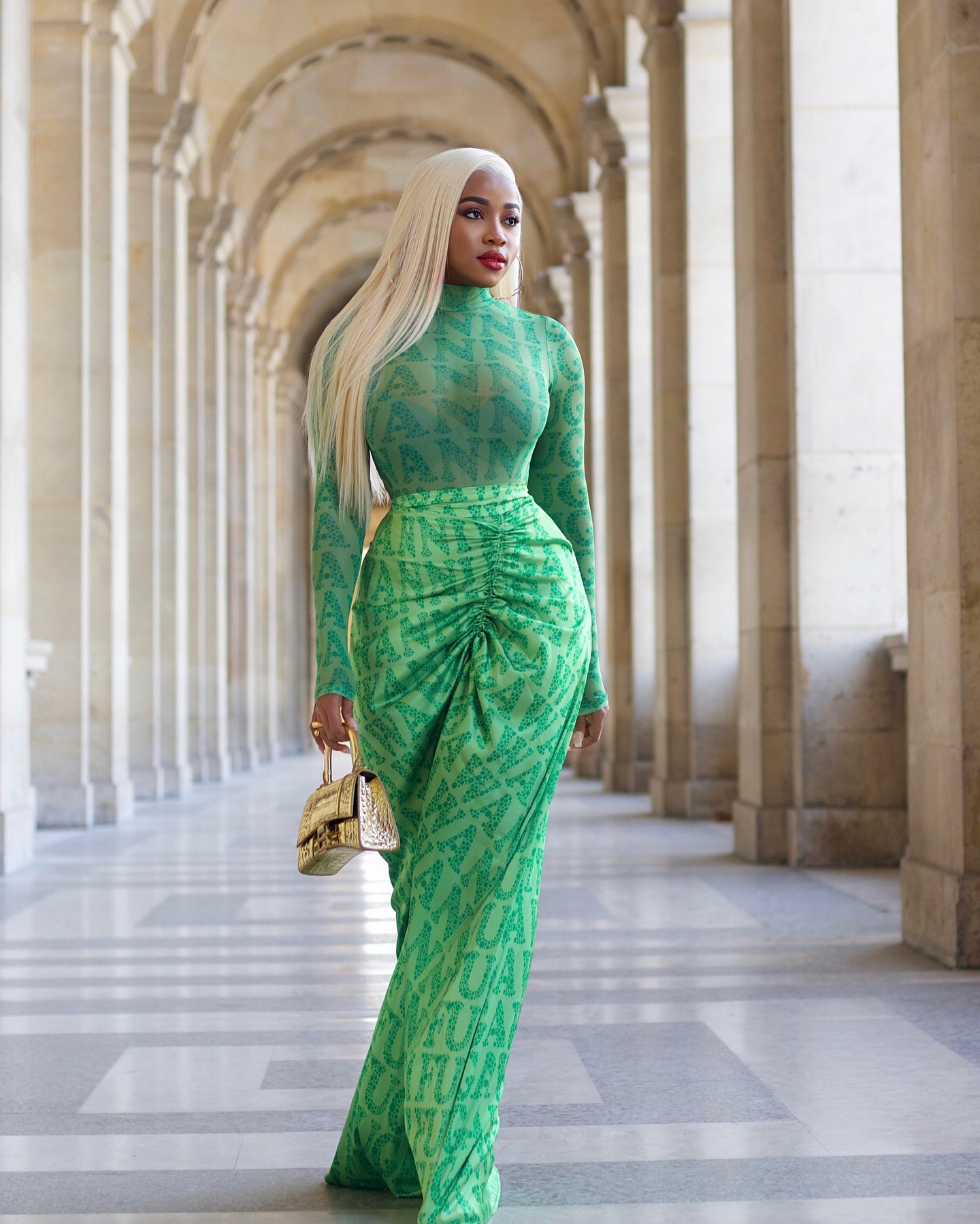 Y6050 Cross-Border European And American Women's Fashion Autumn Winter New Mesh Top Ruched Slim Long Skirt Two-Piece Set_ecoleips.com