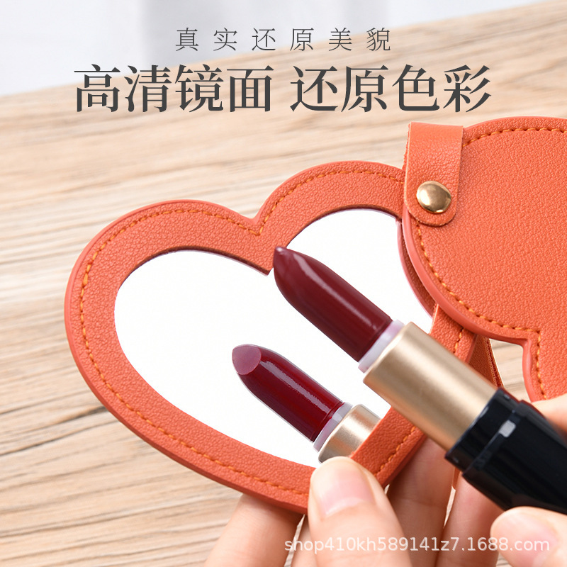 Espejo de maquillaje PU amor pequeño espejo de borde de aceite giratorio de moda red portátil espejo plegable de cuero espejo llavero