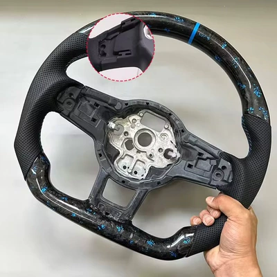 Blue forged carbon fiber perforated leather steering wheel modification, compatible with Golf 7 GTI, upgrade modification (Steering wheel) - with-pick-hole