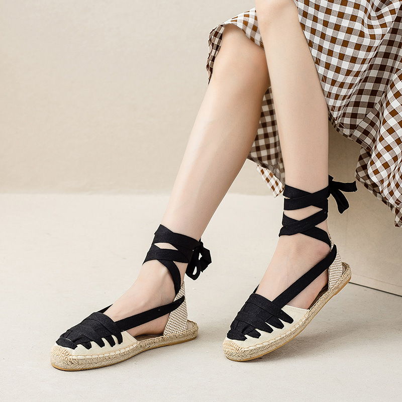 Flat Sandals for Women, Lace-Up Straw Ribbons, Fisherman Shoes, Spring and Summer Casual Canvas, Simple, Comfortable, Breathable and Versatile