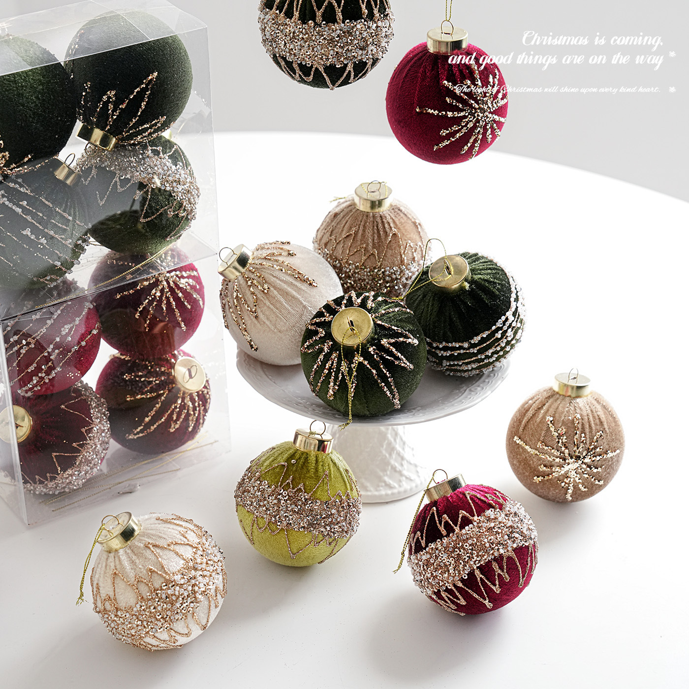 Nuevo producto de 8CM plástico envolvido bola tela de vello polvo adhesivo polvo de oro ligero de lujo bola de Navidad colgante colorida bola de Navidad colgante