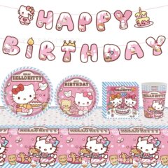 新しい漫画ピンクハローキティ猫の誕生日パーティーの装飾紙皿テーブルクロス旗食器用品レイアウト