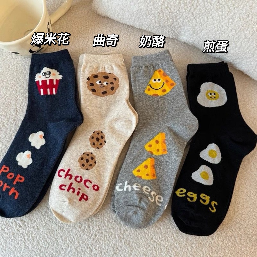 卡通插画系列中筒袜日系可爱少女袜子韩国东大门芝士饼干堆堆袜