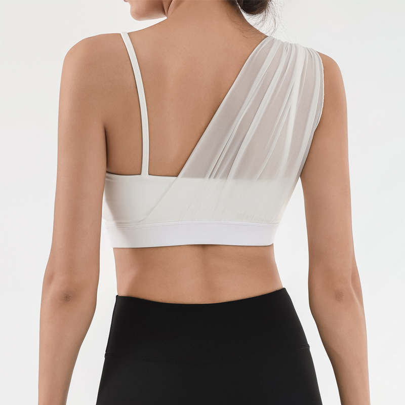 Sujetador deportivo transfronterizo para mujer con almohadilla para el pecho Yoga entrenamiento de fitness costura de malla color de contraste alta elasticidad secado rápido nude sujetador