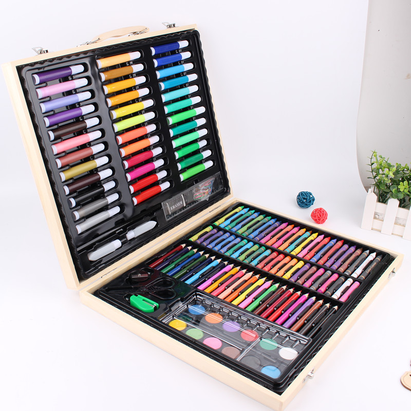 Creativo nuevo traje de combinación de pluma de color para niños 150 piezas caja de madera traje de pintura vacaciones estudiante papelería regalo