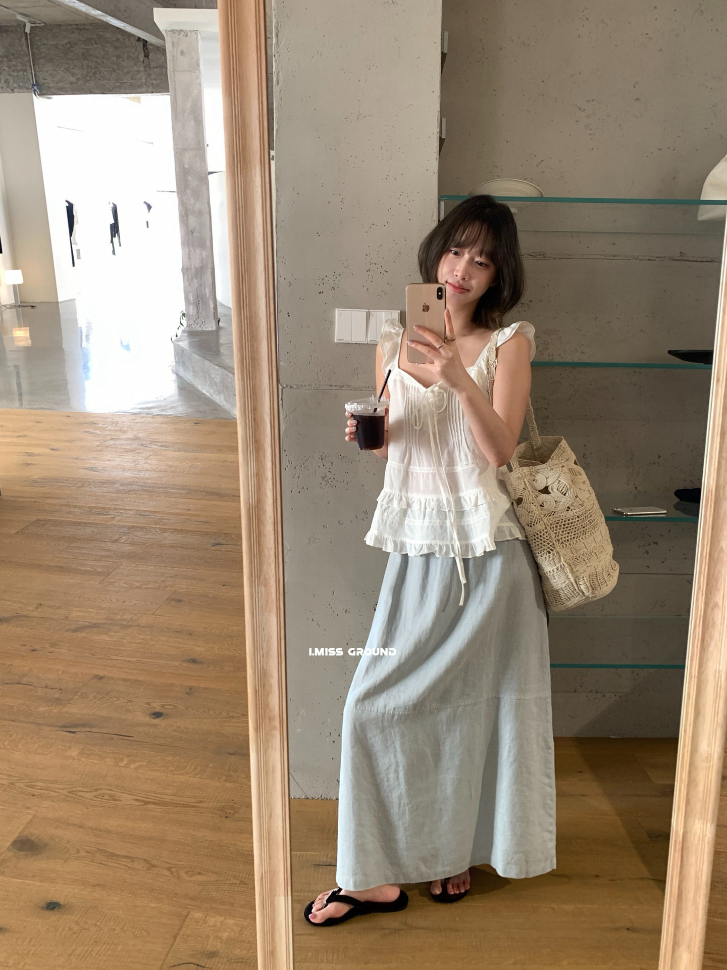 Chân váy midi linen cạp chun nữ phong cách Hàn Quốc — xanh đậm, màu trắng, màu xanh táo, yến mạch chi tiết 5