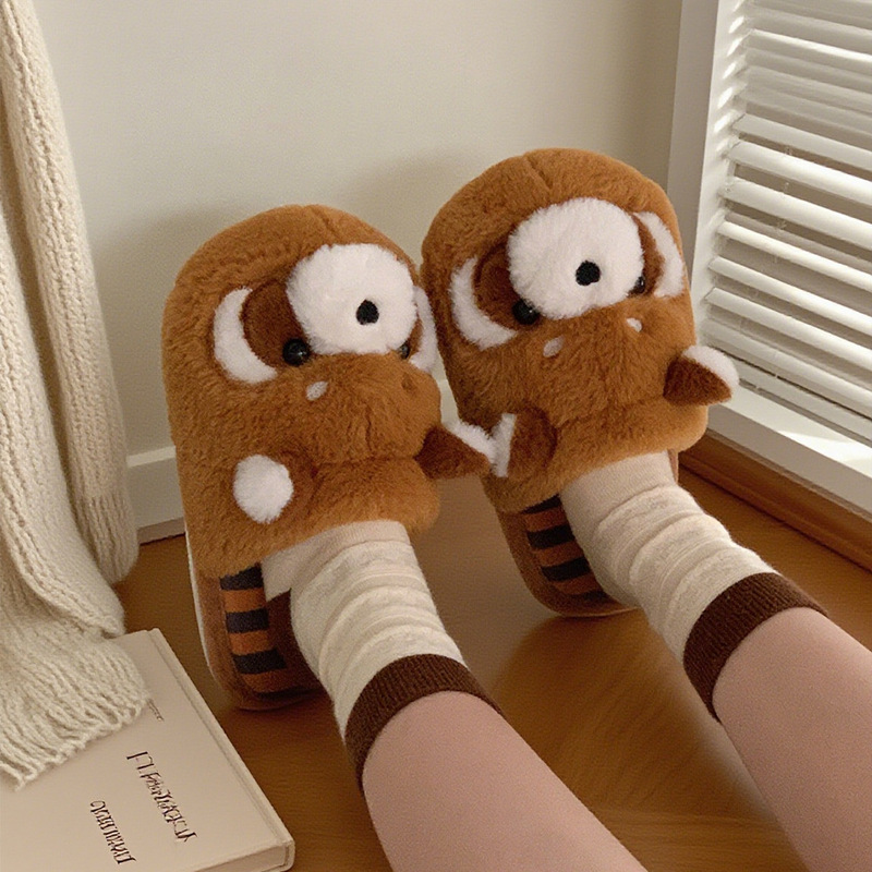 Cartoon Cute Little Raccoon Warm Furry Slippers Home Shoes Winter Men and Women Girls Heart Couple Baotou Cotton Slippers
