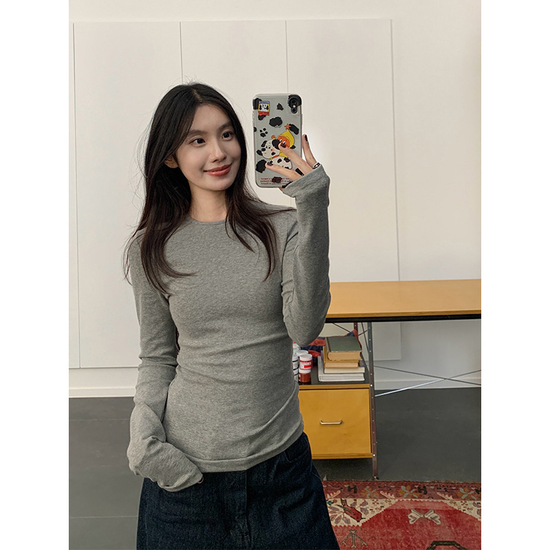 辣妹正肩上衣2025秋冬新款纯色掐腰显身材百搭长袖T恤女装打底衫|undefined