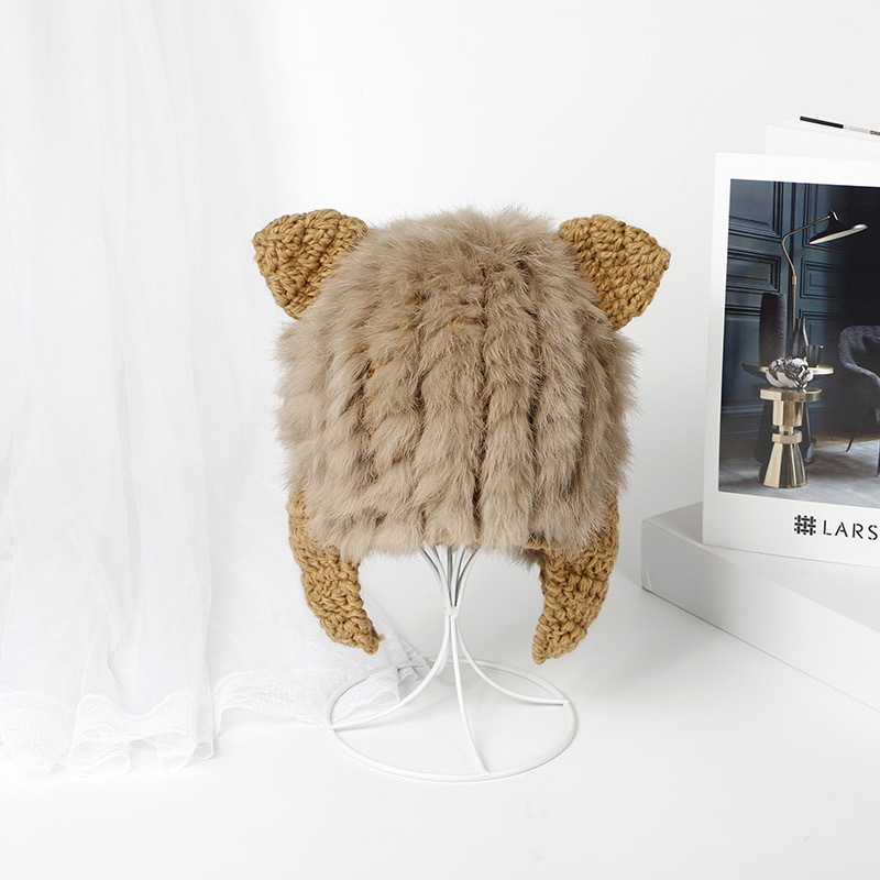 귀여운 토끼털 고양이귀 겨울모자-카키