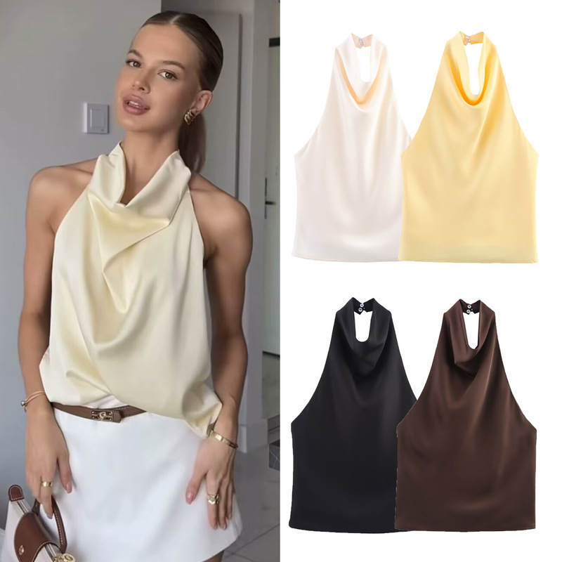 Cross-Border Export Women's Clothing 2025 Summer European and American Style Silk Satin Texture Backless Halterneck Pure Color T-Shirt Top for Women B88859F