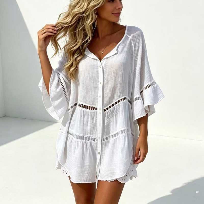 In-Stock Women's Three-Quarter Sleeve Cotton-Linen V-Neck Loose Buttoned Hollow-Out Plus-Size Top Dress In-Stock Women's Three-Quarter Sleeve Cotton-Linen V-Neck Loose Buttoned Hollow-Out Plus-Size Top Dress