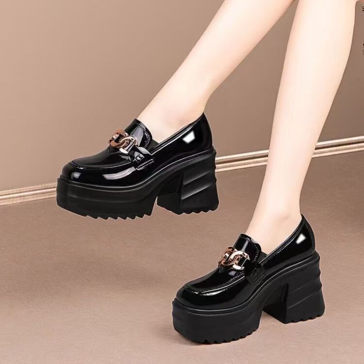 Thick-Soled Height-Increasing British Style Loafers for Women 2025 Autum New Small Leather Shoes Patent Leather Thick Heel Flats