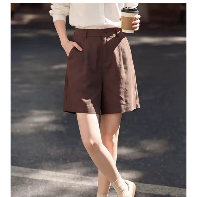 Basic Houe/Baijiahao Coffee Color 100% Linen Wide-Leg Shorts Casual Straight Pants Women's Clothing Summer 2026