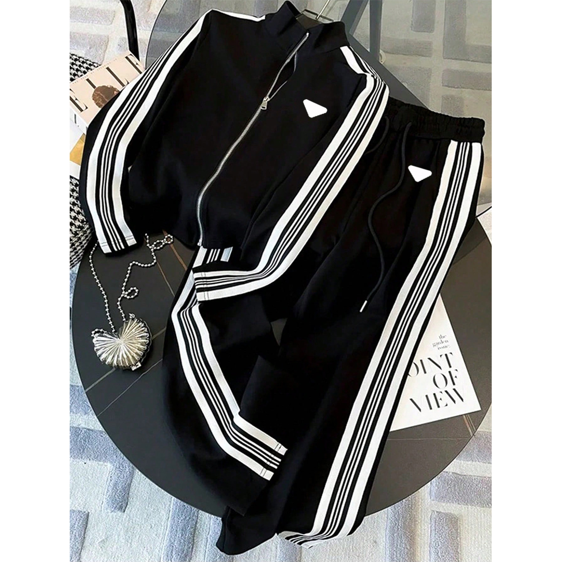 ng2510292 Cross-border Sports Leisure Women's Set: Silicone Triangle White Printed Sweatshirt And Wide-leg Pants, Popular_ecoleips.com