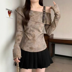 荷叶边扎染斜肩露肩长袖T恤女2025秋大码胖mm掐腰显瘦喇叭袖上衣