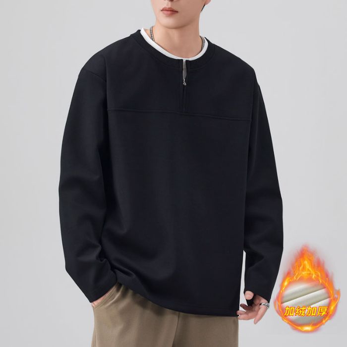 Black velvet-zipper crew neck