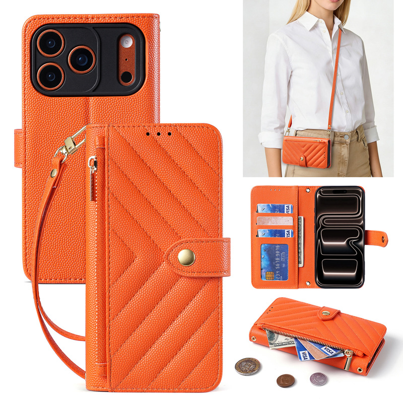 Suitable for Cross-Border Use, iPhone 17 Pro Small Saint-Style Card Holder Zipper Bag with Shoulder Strap, Hand Strap, Wallet, Crossbody Phone Leather Case
