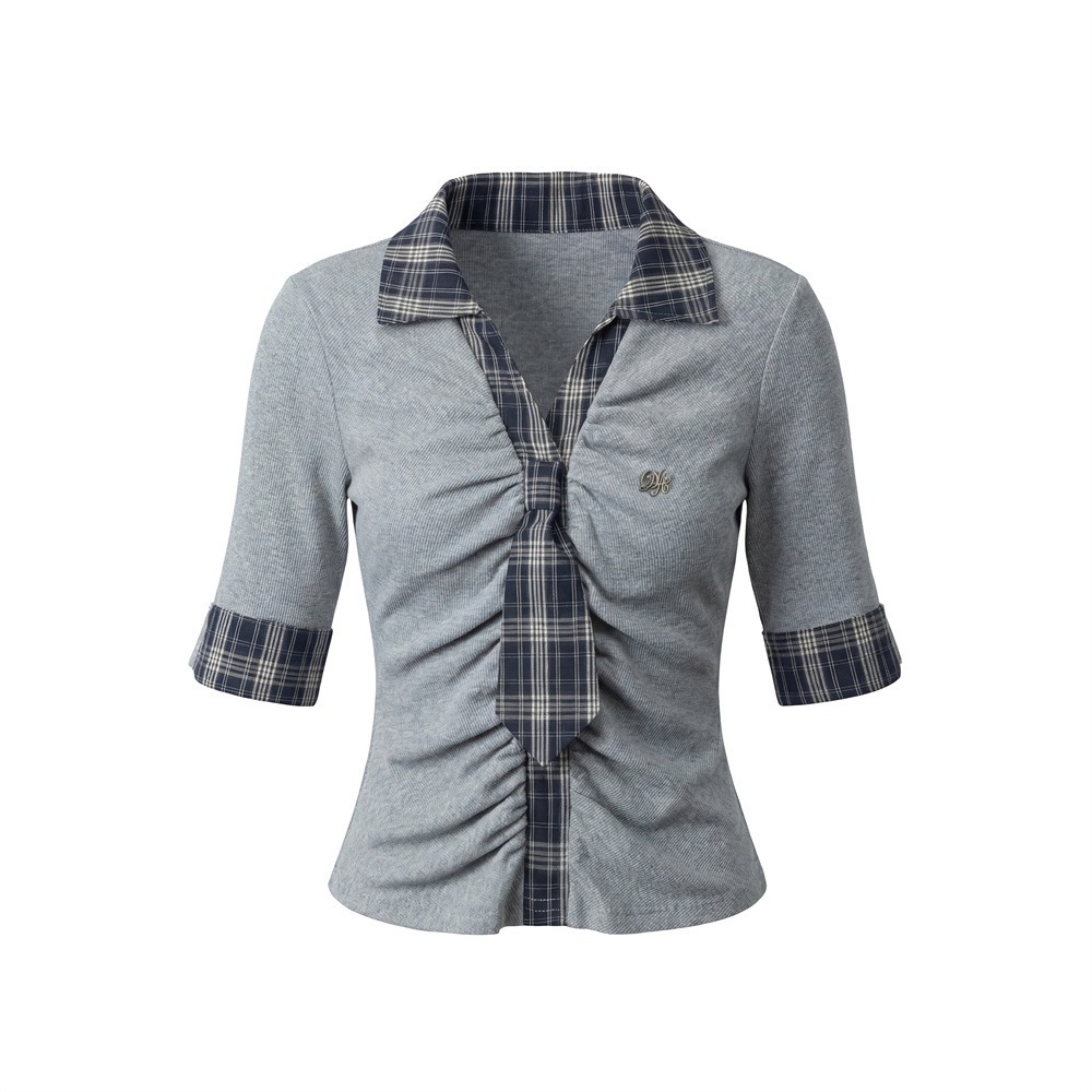 Women's Slim Fit Half Sleeve T-Shirt Sweet And Spicy Style Summer Fake Two-Piece Design Tie Detail Short Sleeve Top_ecoleips.com