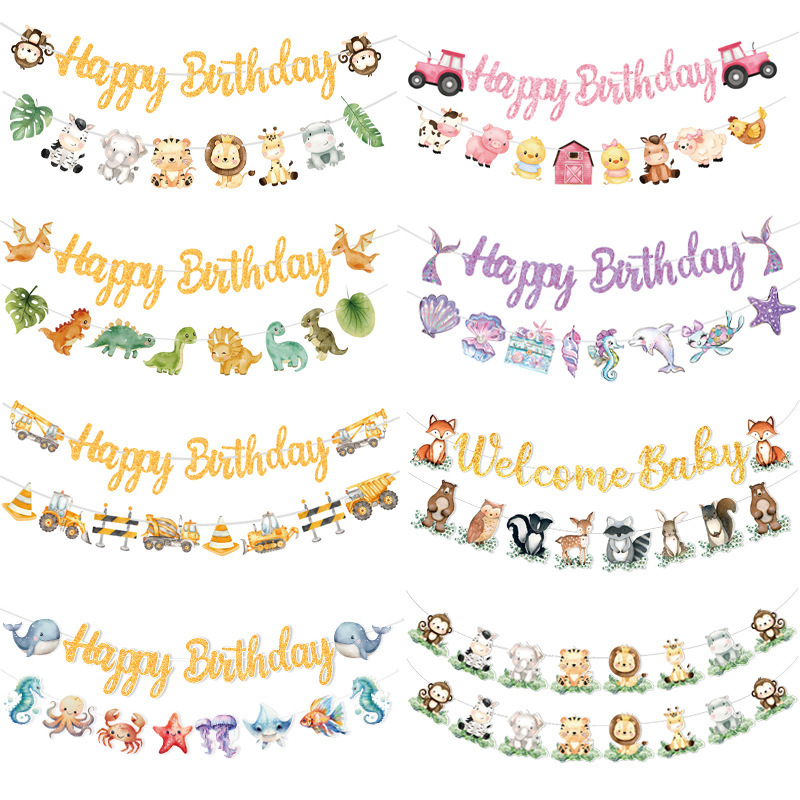 Happy Birthday Mermaid Cartoon Flag Children's Birthday Layout Banner Party Jungle Animal Dinosaur Butterfly Flag Happy Birthday Mermaid Cartoon Flag Children's Birthday Layout Banner Party Jungle Animal Dinosaur Butterfly Flag