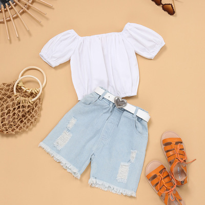 2022 summer new pattern Children's clothing girl pure cotton one word Solid jacket cowboy shorts Western style Two suit