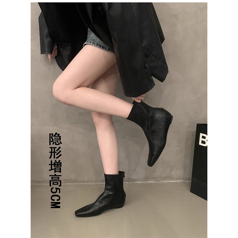 内增高短靴女靴2025秋冬季新款韩版简约短筒靴后拉链方头时装靴女|undefined