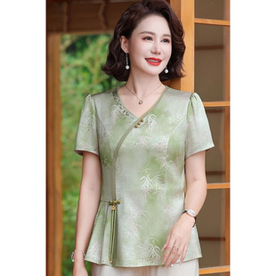 Mom's Summer Suit 2024 New New Chinoiserie Shirt Middle-Aged and Elderly Women's Summer Chinoiserie Short-Sleeved Top Two-Piece Set