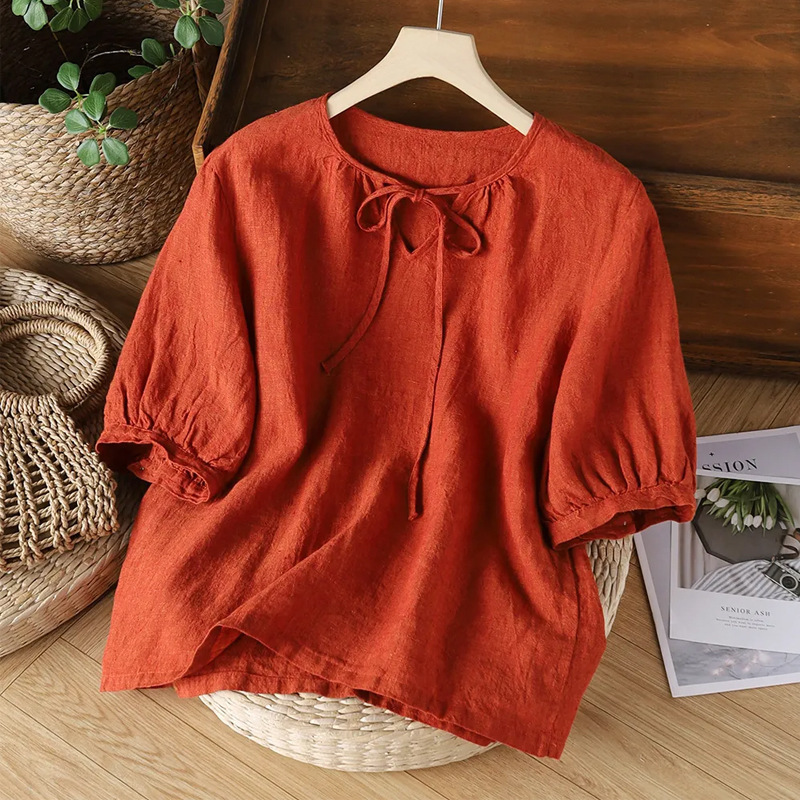 Spring and Summer Tie-Neck Solid Color Lantern Sleeve Cotton and Linen Short-Sleeve Women's Loose Casual Vintage Top