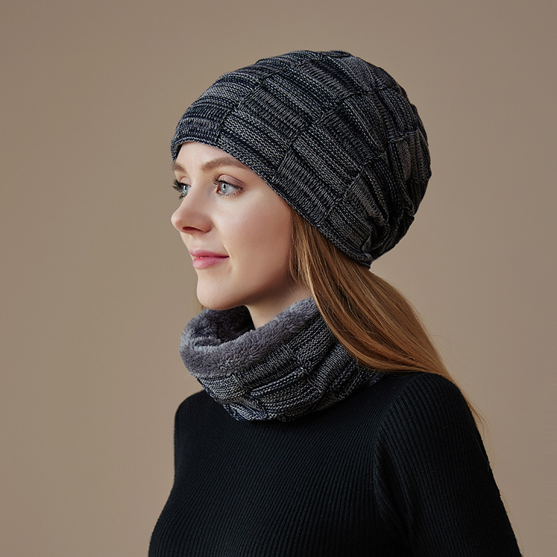 New Winter Plush Thick Knitted Hat And Neck Set Two Piece Checkered Fashion Outdoor Men's Knitted Hat Set Head_voghion.com