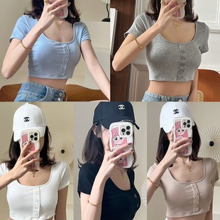 Summer 2024 New Style Hot Girl Sexy Square Collar Short Sleeve Button Belt Chest Pad Short Sports Yoga Top Women's T-shirt