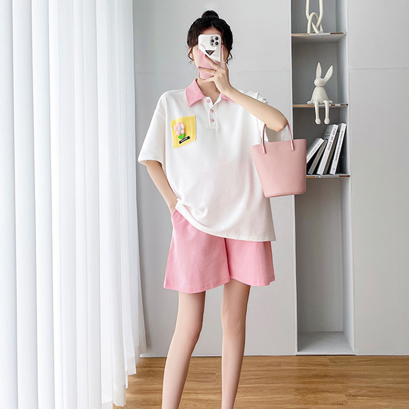 孕婦套裝夏季新款設計感POLO領T恤寬鬆小個子上衣休閒短褲孕婦裝
