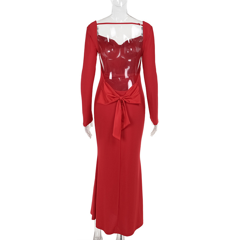 Autumn Holiday Sexy Long Sleeve Backless Bow Slim Fit Dress Women