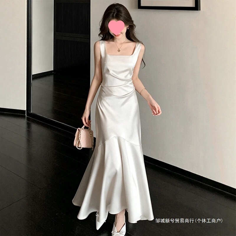 Elegant white satin strapless sleeveless dress for women, summer fishtail long gown for engagement parties and banquets Elegant white satin strapless sleeveless dress for women, summer fishtail long gown for engagement parties and banquets