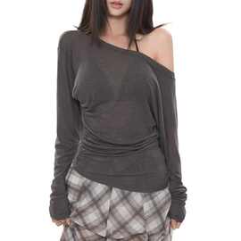 Slanted collar off shoulder top for women 斜领露肩长袖上衣女
