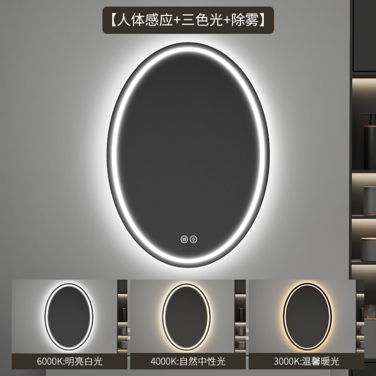 espejo inteligente elíptico de alta definición de forma especial espejo de maquillaje colgado en la pared con iluminación LED pantalla táctil anti-nebble espejo de baño