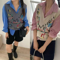 秋冬新款 鄂家羊毛背心女V领彩色涂鸦厚款针织马甲大表姐刘雯同款