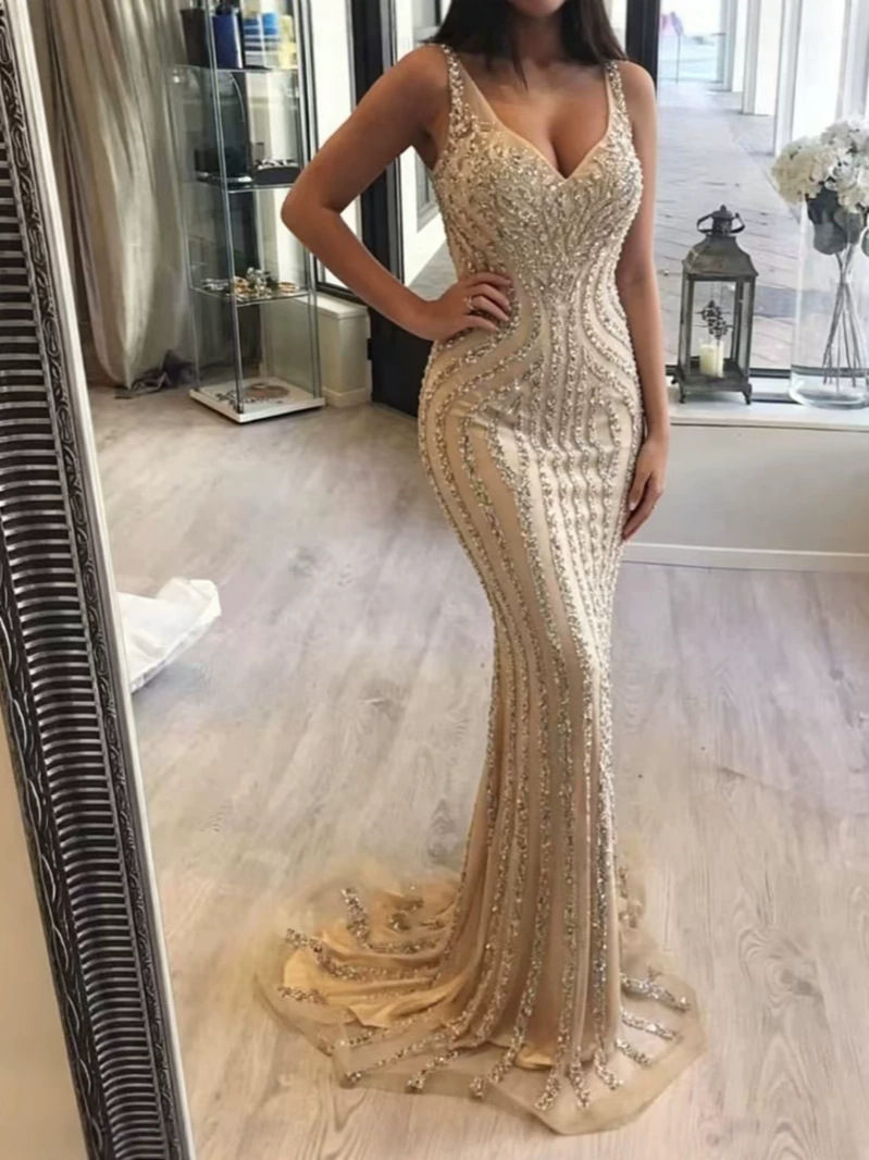 2026 primavera e verão transfronteiriço novo estilo saia longa cintura média temperamento commuter lantejoulas ouro fino ajuste vestido fino dourado