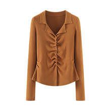 B1YUE-255抽褶纽扣针织开衫2025秋冬新款温柔风V领修身收腰女上衣