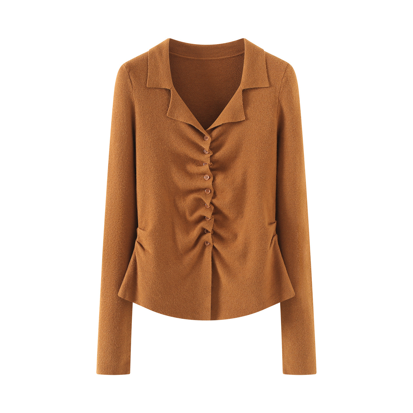 B1YUE-255抽褶纽扣针织开衫2025秋冬新款温柔风V领修身收腰女上衣