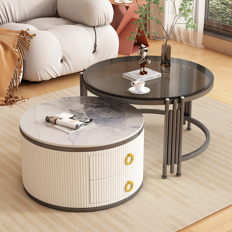 Tabla de té moderna de vidrio de roca personalizada combinación de tamaño para sala de estar simple retráctil redonda pequeña casa adecuada