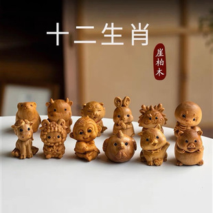 Boxwood Twelve Zodiac Wood Carving Guardian Mouse, Cow, Tiger, Rabbit, Dragon, Snake, Horse, Sheep, Monkey, Chicken, Dog, Pig Hand Piece Ornaments
