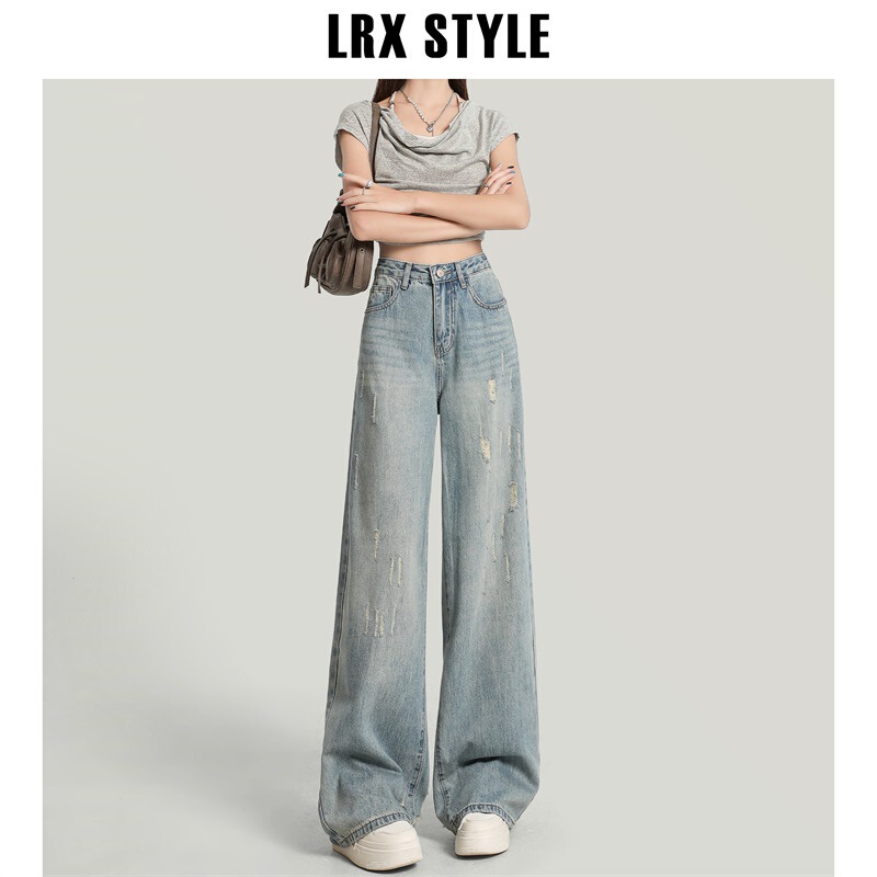 Light-Colored Frayed Wide-Leg Jeans for Women, Summer 2025 New Design, Washed High-Waisted Loose Straight Pants Light-Colored Frayed Wide-Leg Jeans for Women, Summer 2025 New Design, Washed High-Waisted Loose Straight Pants