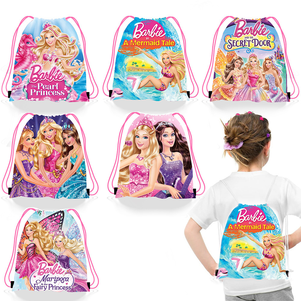 芭比娃娃Barbie公主生日派对涤纶束口袋抽绳背包袋便携收纳袋双肩