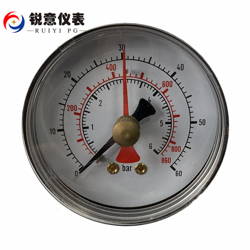 Y60Z带红针0-60BAR  抽水泵压力表 可调针水压 液压 气压铁壳仪表