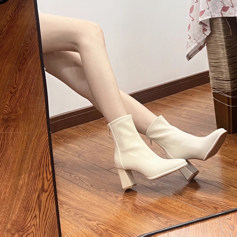 Genuine Leather French High-Heeled Short Boots for Women 2025 Autumn and Winter Thick-Heeled Boots Square-Toe White Height-Increasing Slim Boots