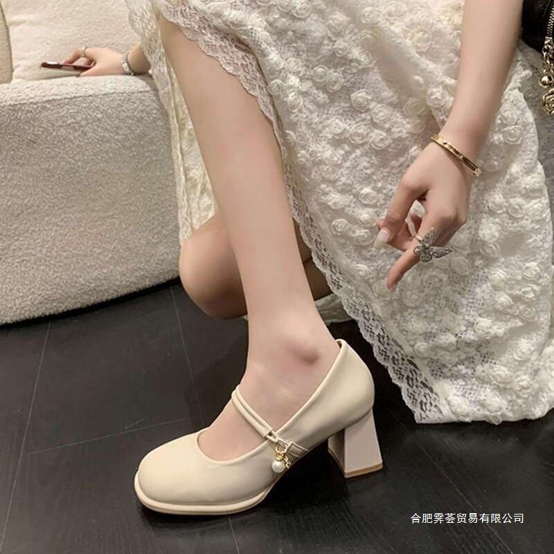 2026 Summer New Women's Elegant Chunky Heel Mary Jane Evening High Heels Superfine Leather Commuter Waterproof Platform Chunky Heel Split Toe Shoes